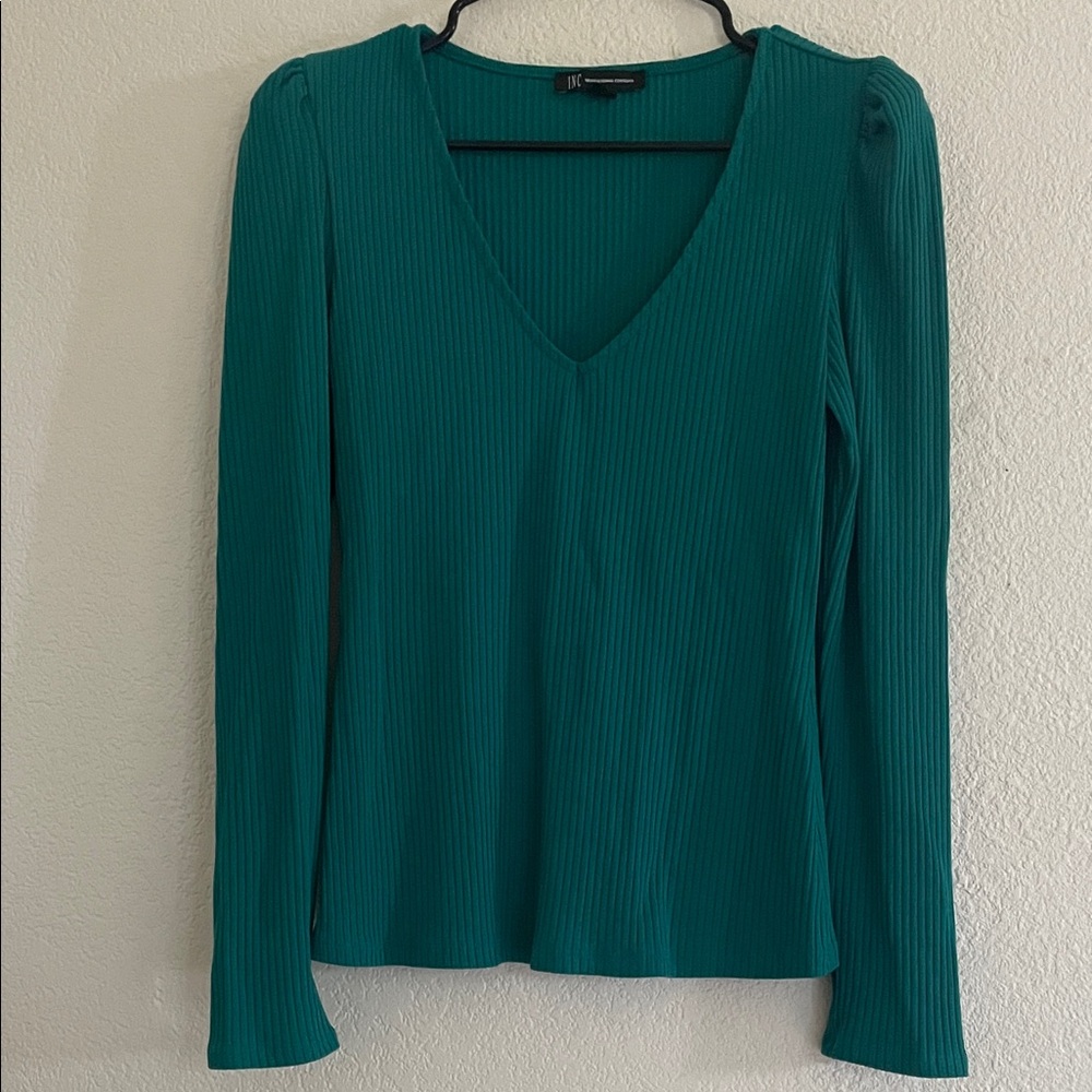 INC International Concepts Teal Ribbed V-Neck Blouse